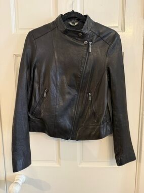 Cole Haan Womens Black Leather Asymmetrical Zip moto Jacket